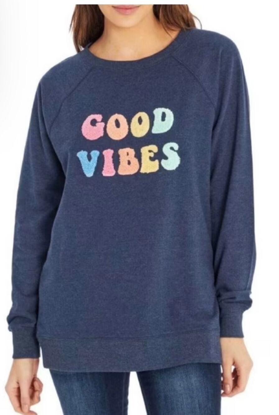 Wildfox Crewneck Good Vibes Oversized Sweatshirt PUffy 3D Applique Blue XL
